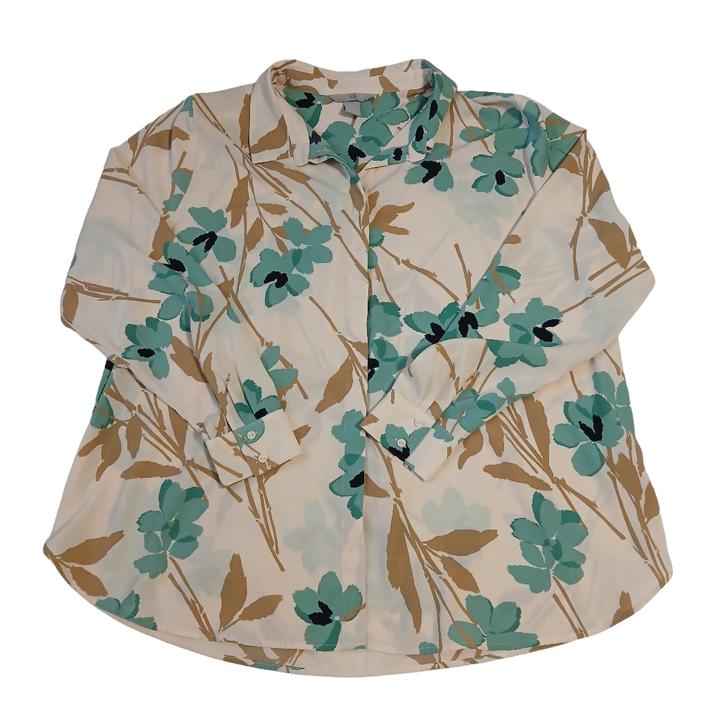 XL H&M Womens Cream And Green Floral Button Up Long Sleeve Blouse
